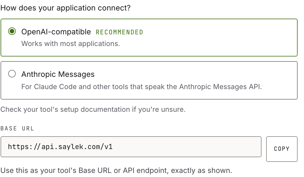 Saylek key setup offering OpenAI-compatible or Anthropic Messages, with the base URL https://api.saylek.com/v1 ready to copy.